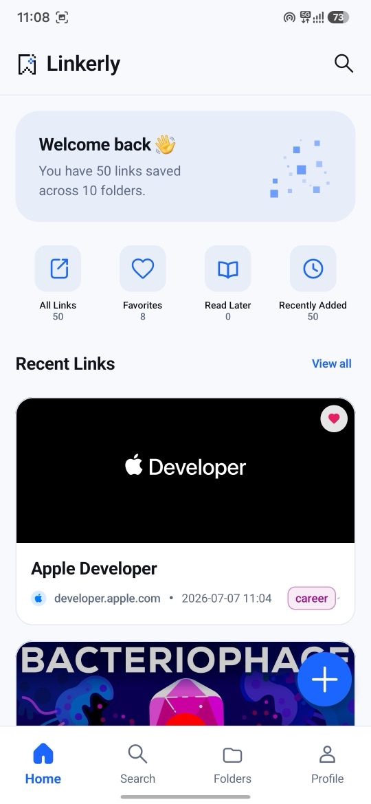 Linkerly home screen showing saved link counts and recent links