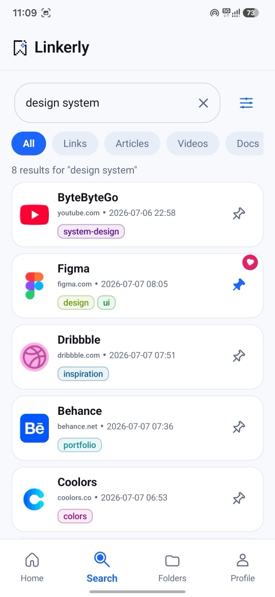 Linkerly instant search across saved links